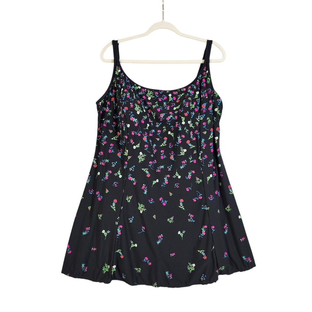 Great Lengths Swim Womens Swim Dress Plus Size 24 Black Ditsy Floral One Piece